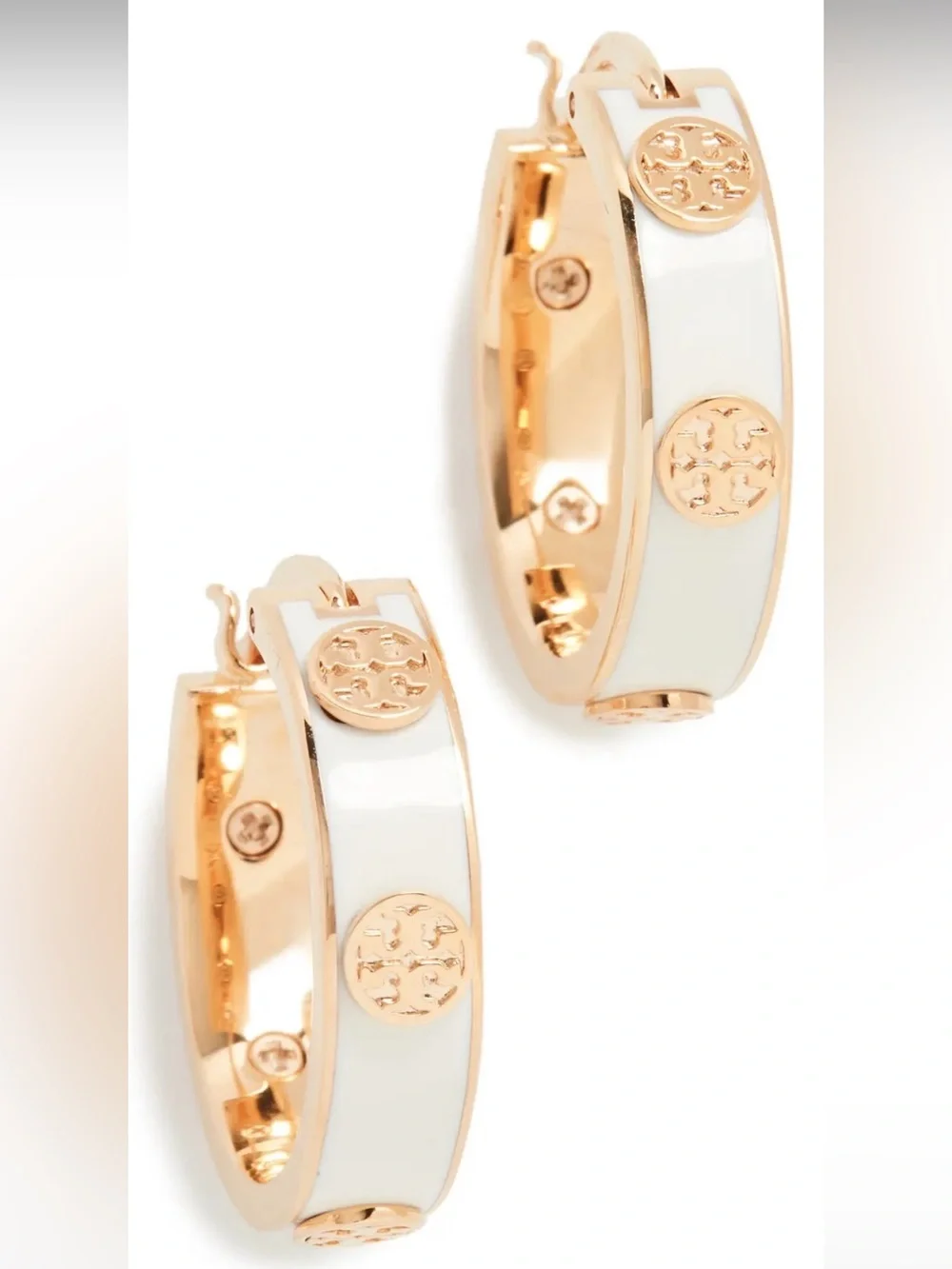 Tory Burch Gold and White Enamel Logo Accent Hoop Earrings